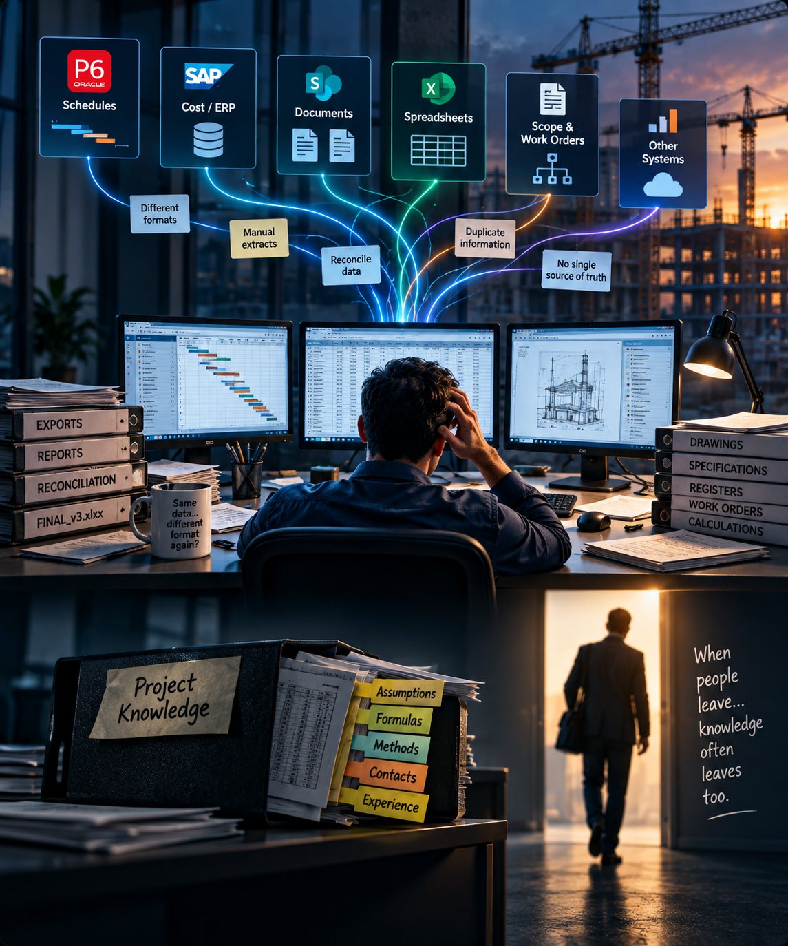 Siloed systems feeding a desk of exports, with project knowledge walking out the door